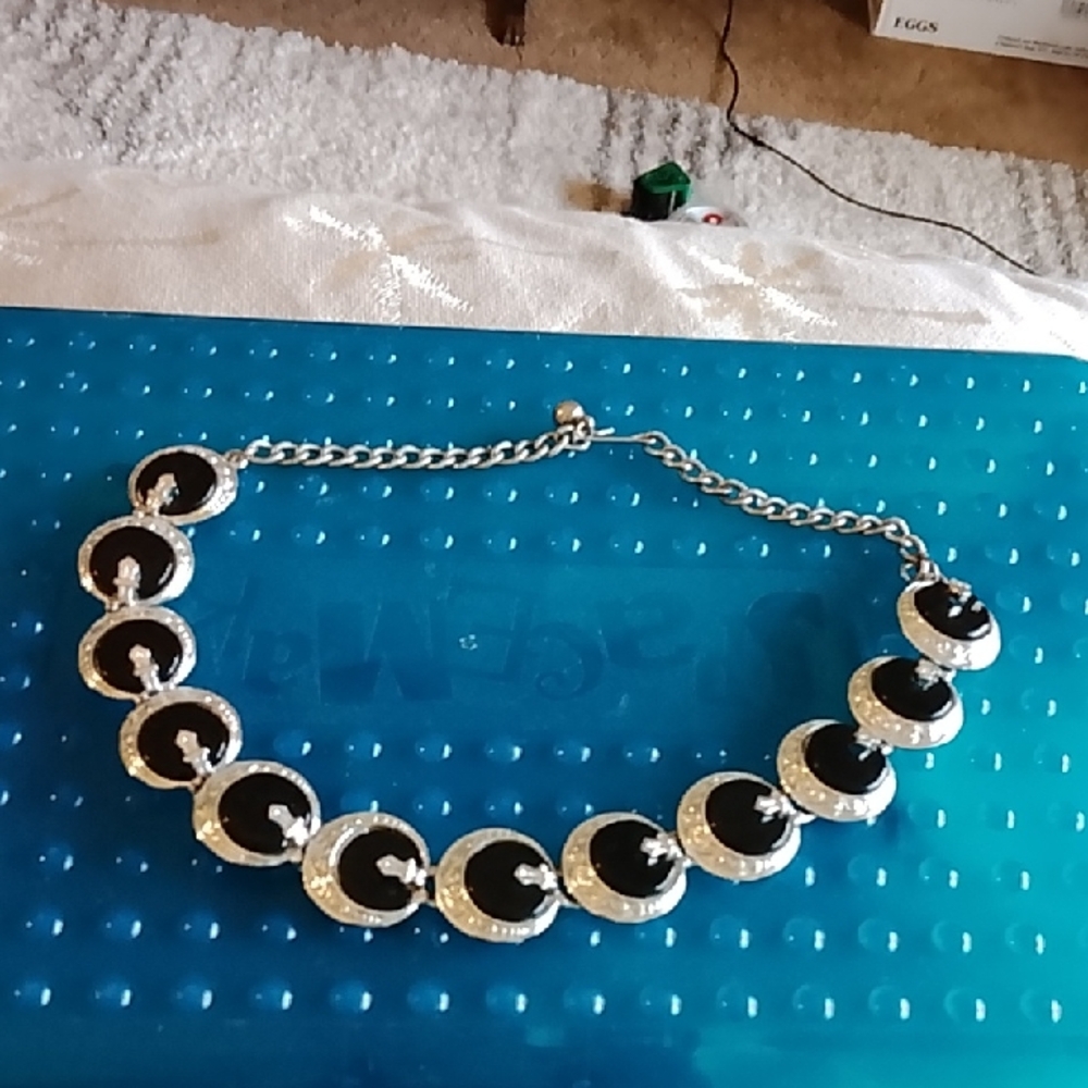 Art Signed Vintage Black and Silver Necklace Plated